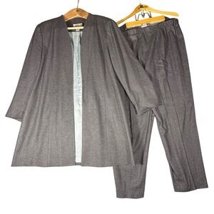 Elana by Tanner Grey Herringbone Wool Blend Pant Suit Plus Size 22 Open Jacket